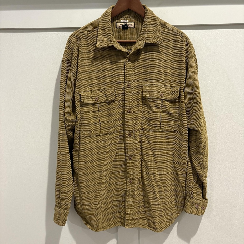 Tommy Bahama Shirt Men Large Green Plaid Silk Corduroy Textured Coconut Buttons